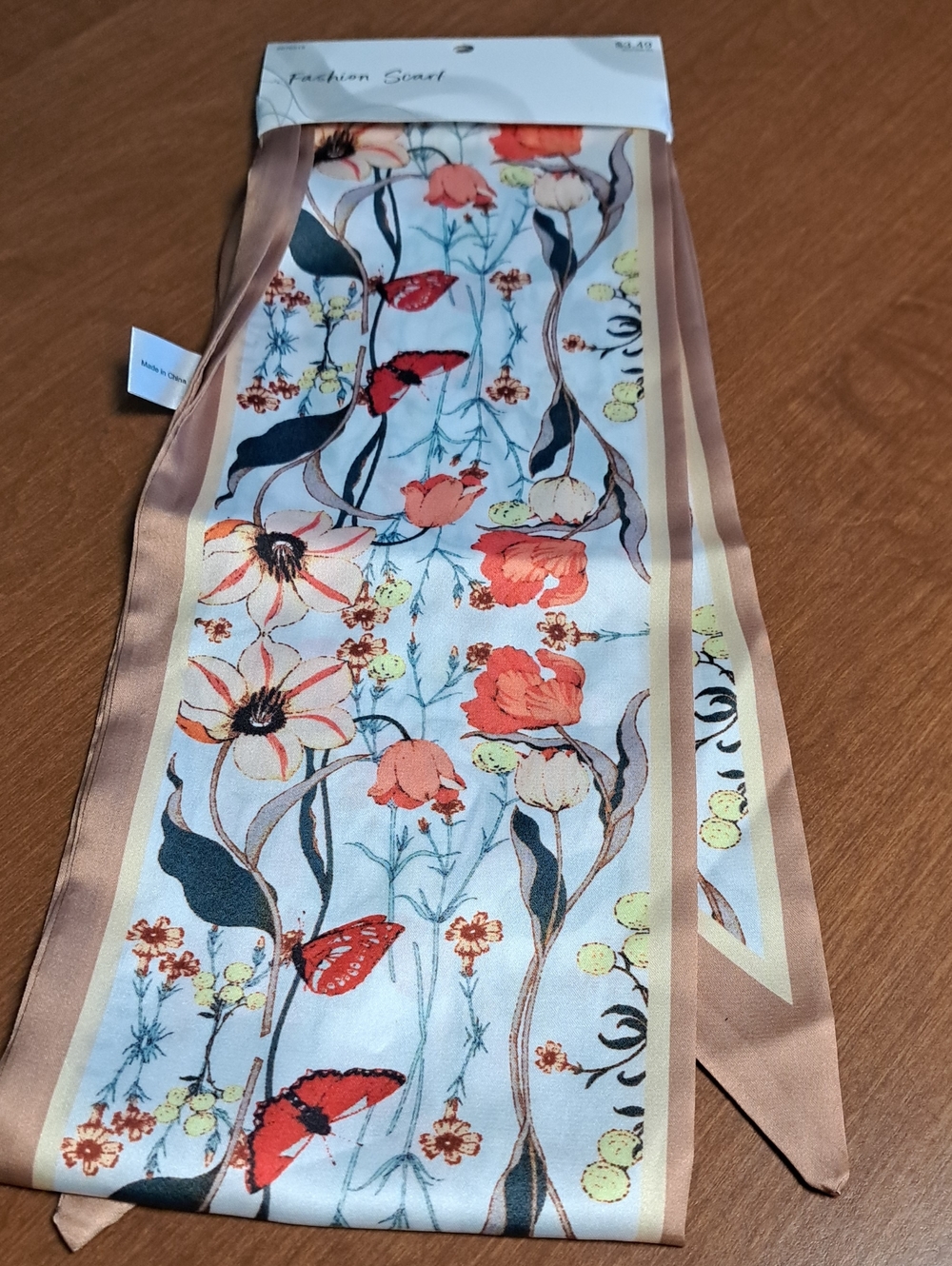 Floral Satin Long Scarf in Peach and Coral 100% Polyester Super Nice
